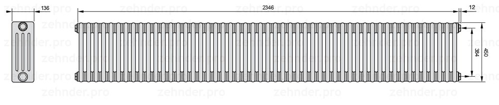 Схема (чертеж) Радиатор Zehnder Charleston 4045/51 №7610 Белый глянцевый RAL 9016